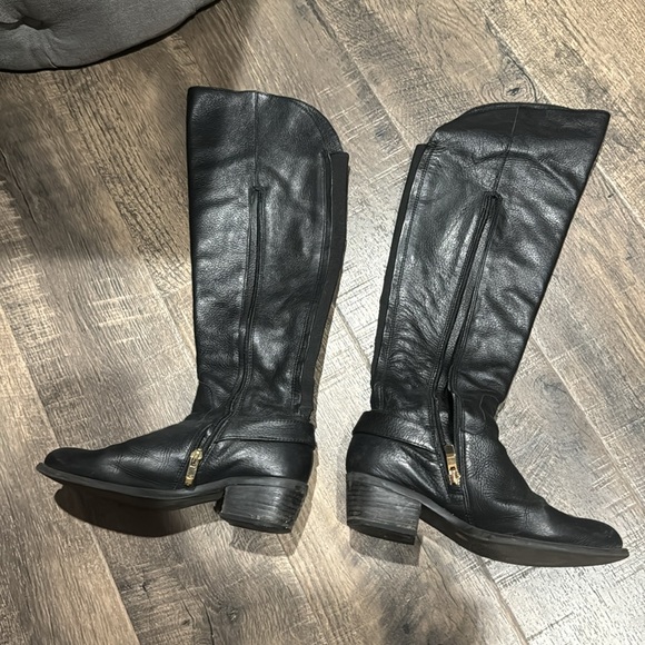 Vince Camuto Black Leather Riding Boots with gold buckles over the knee - Picture 4 of 13